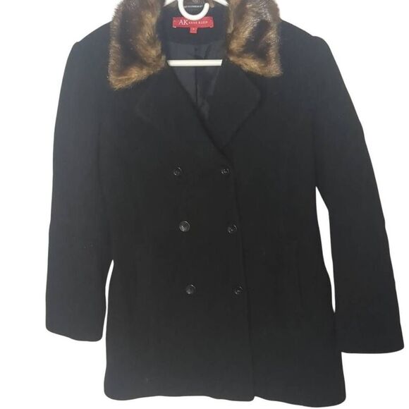 Anne Klein 100% Wool Faux Fur Collar Black Peacoat S Small - Picture 1 of 10